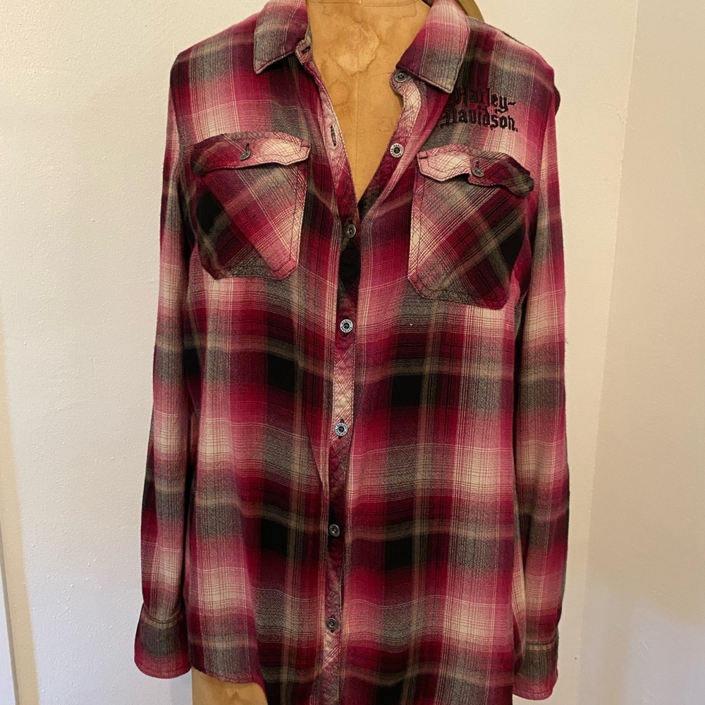 Harley-Davidson Women's Pink and Black Plaid Button-Down Shirt